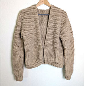 Handknit Chunky Wool Brown Open Front Cardigan Sweater Women Sz M/L Cozy Cottage